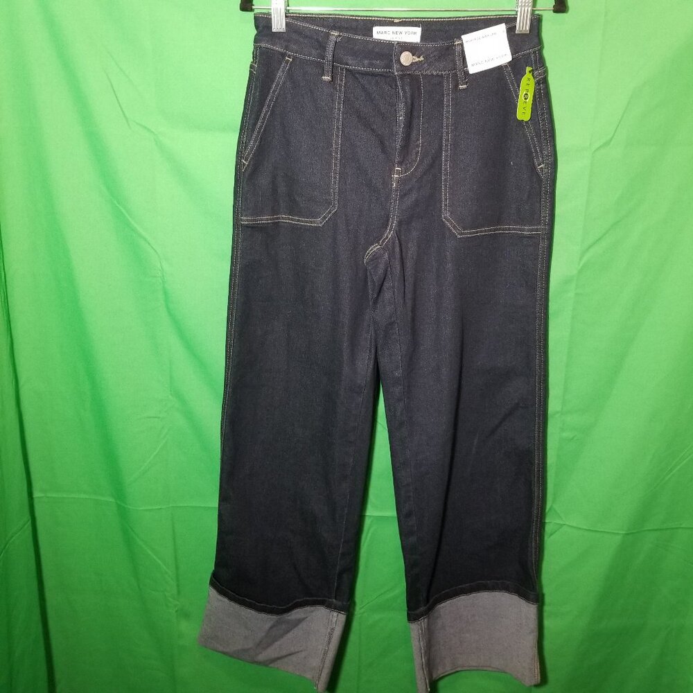 Marc Jacobs Womens Jeans Size 2 High Rise Wide Leg Dark Wash‎ Cuff Retro Hippie